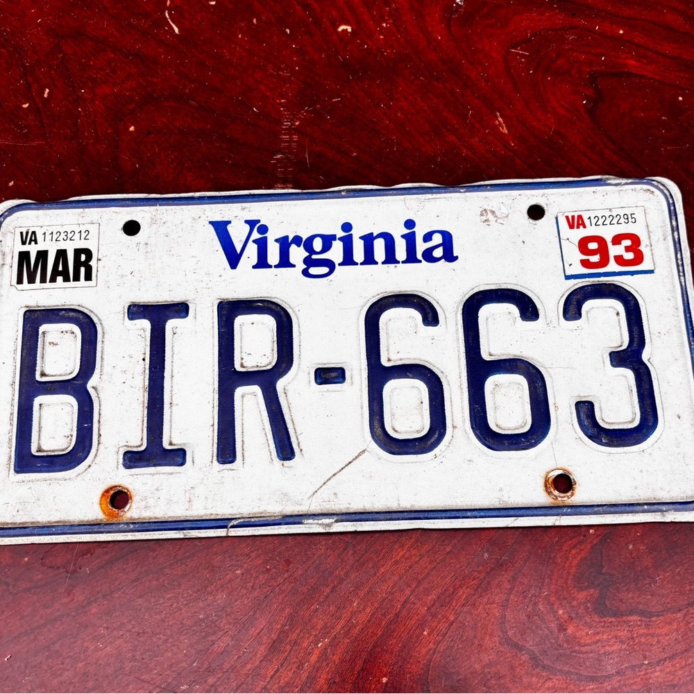 Vintage Virginia License Plate BIR-663 in White and Blue